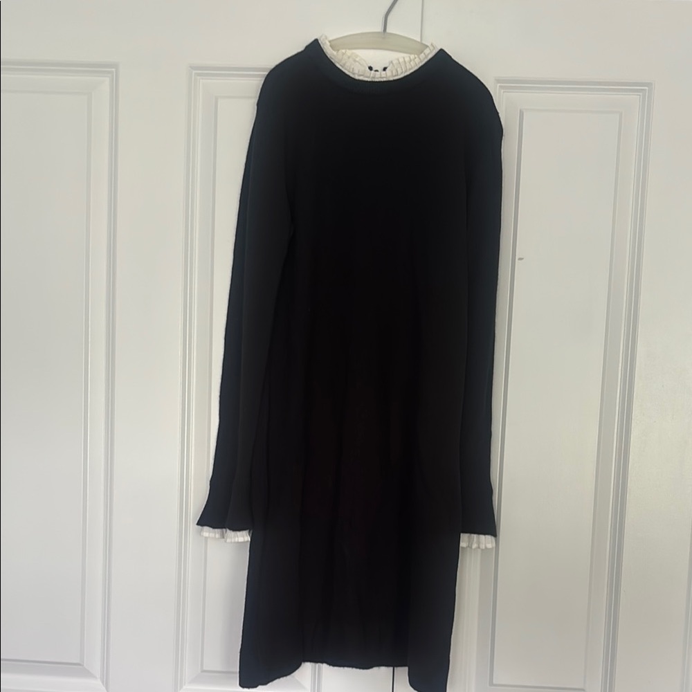 Vince Camuto Black Long Sleeve Sweater Dress with white ruffle accents size S